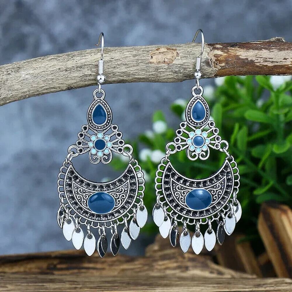 Silver Ethnic Feather Aztec Style Geometric Tassel Alloy Drop Earrings Floral